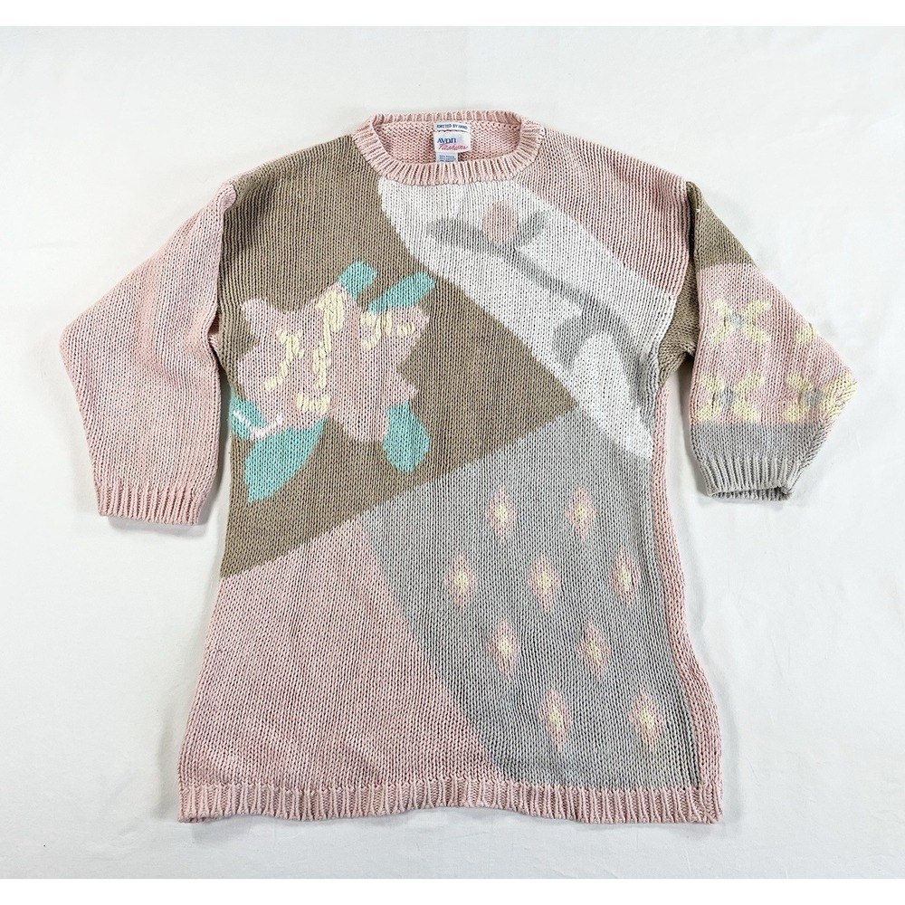 Vintage 80s Avon‎ Fashions Pastel Floral Intarsia Knit Sweater Tunic Womens S
